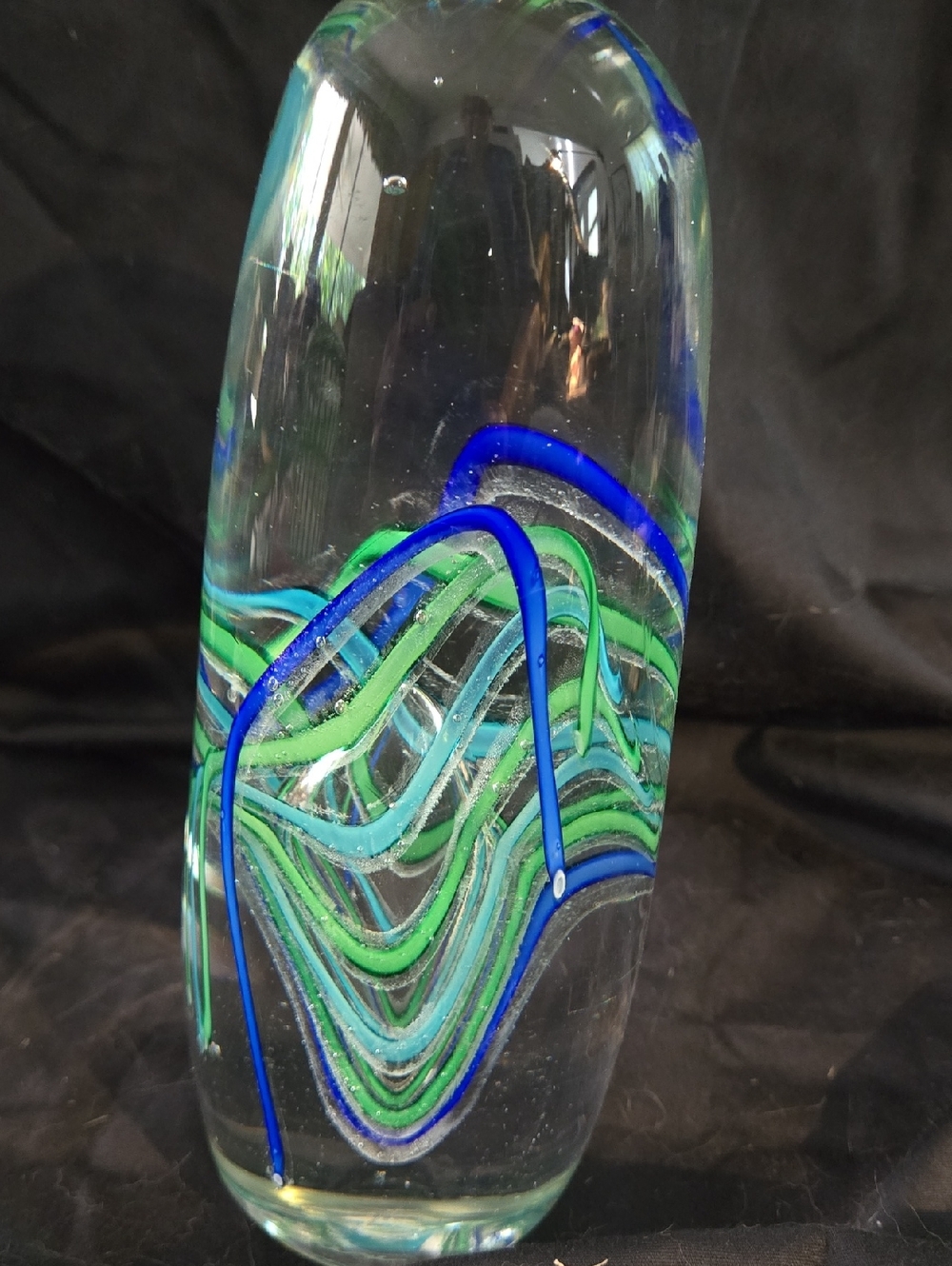 Signed Glenn Randle studio art glass sculpture with internal blue & green swirl
